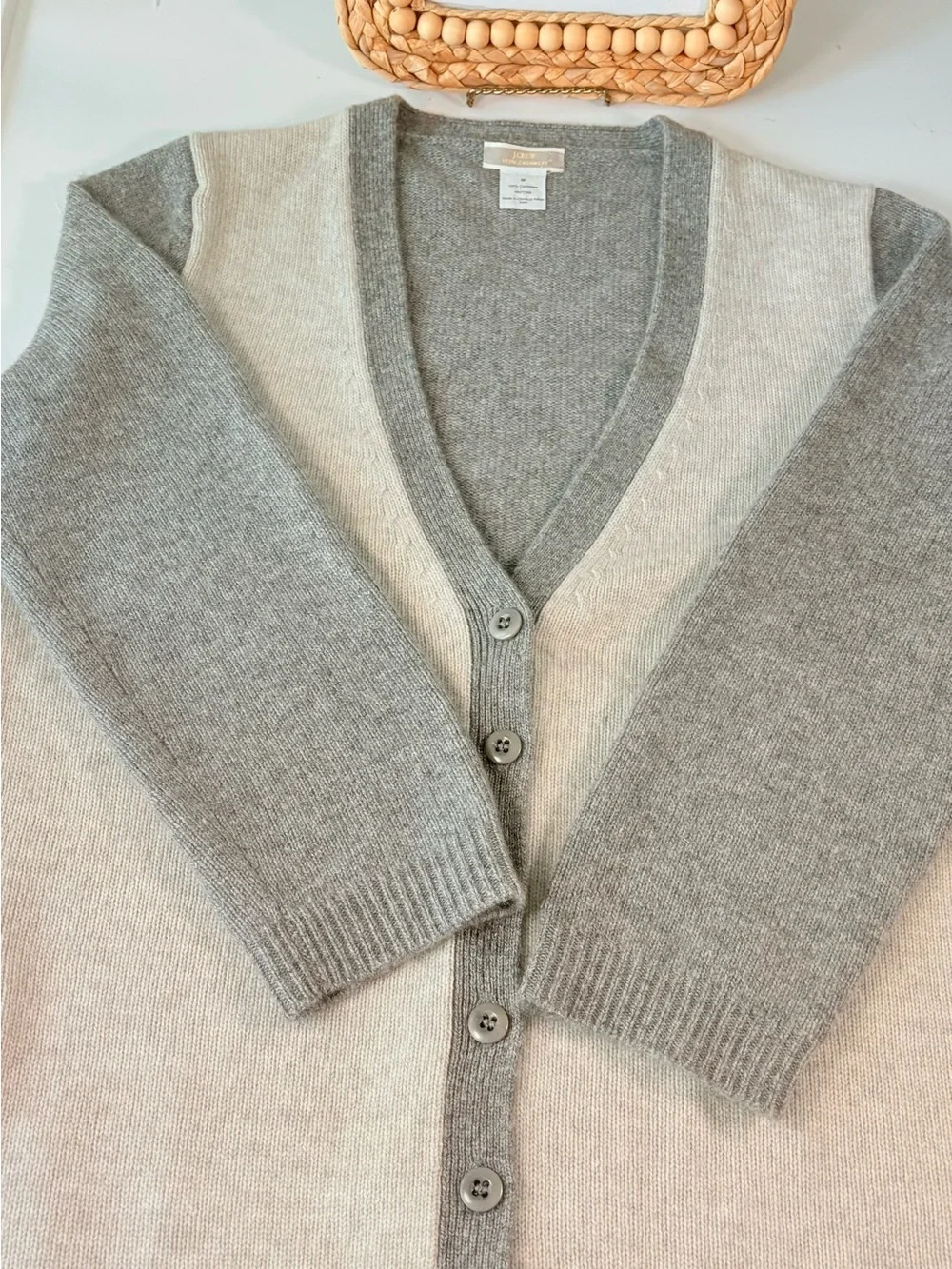 ☁️ J.Crew Heather Oatmeal & Dove Gray 100% Cashmere Cardigan | M